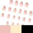 Nude Pink Flower Press on Nails Short Fakes Nails Almond Shape False Nails with Spring Flower Desings Nail Press Ons Full Cover Glue on Nails Spring Gold Lines Acrylic Nail for Women