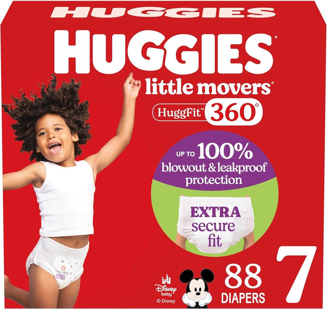 Huggies Size 7 Baby Diapers, Little Movers HuggFit 360 Baby Diapers with 360 Waistband, Size 7 (41+ lbs), 88 Count (2 Packs of 44)