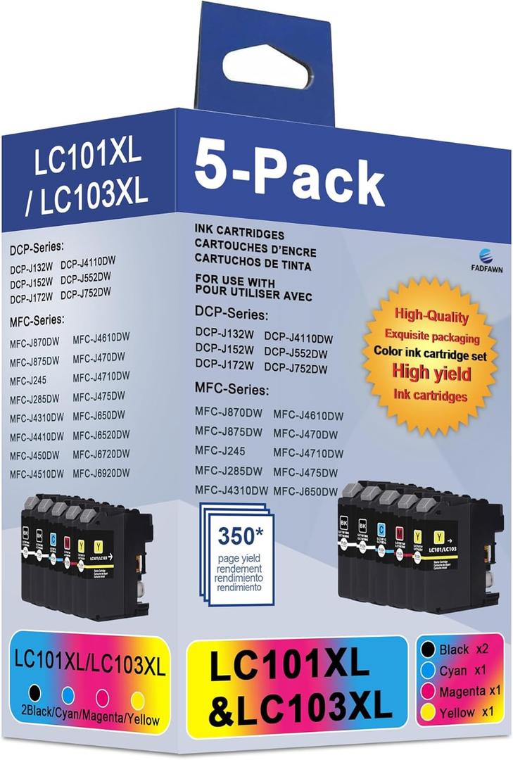 LC101 XL Ink Cartridges High Yield Replacement for Brother LC101 Ink Cartridges LC103 Work for MFC-J870DW MFC-J6920DW MFC-J6520DW MFC-J450DW Printer (2Black 1Cyan 1Magenta 1Yellow, 5-Pack)