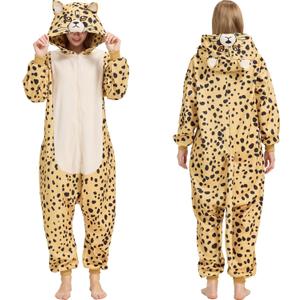 Adult Leopard Cheetah Onesie Costume - Animal Print One-Piece Cosplay Pajamas for Women and Men (XS)