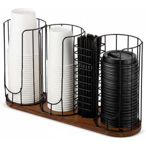 Geelin 18oz Adjustable Coffee Cup Dispenser, Cup Holder Organizer for Storing Paper Cups, Straws, Lids and Disposable Tableware(4-compartment Single Layer,Black and Brown)