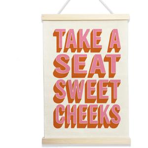 NQDWX Take a Seat Sweet Cheeks Hanging Flag - Funny Wall Decor for Bathroom, 12x17 Inches Humor Canvas Banner with Wood Frame. (081)