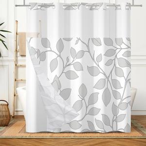 No Hook Shower Curtain with Snap in Liner Set Grey Leaves Elegant Modern Shower Curtain with Liner for Bathroom Hotel Fabric Double Layers Washable 71x74 Inch