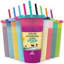 COLORPUL Plastic Tumblers with Lids and Straws - 9 Packs 24oz Color Changing Cups Thick Plastic Cups With Lids And Straws-Reusable Cup With Lids And Straws-Kids Cup With Straws And Lids-SmoothieCup