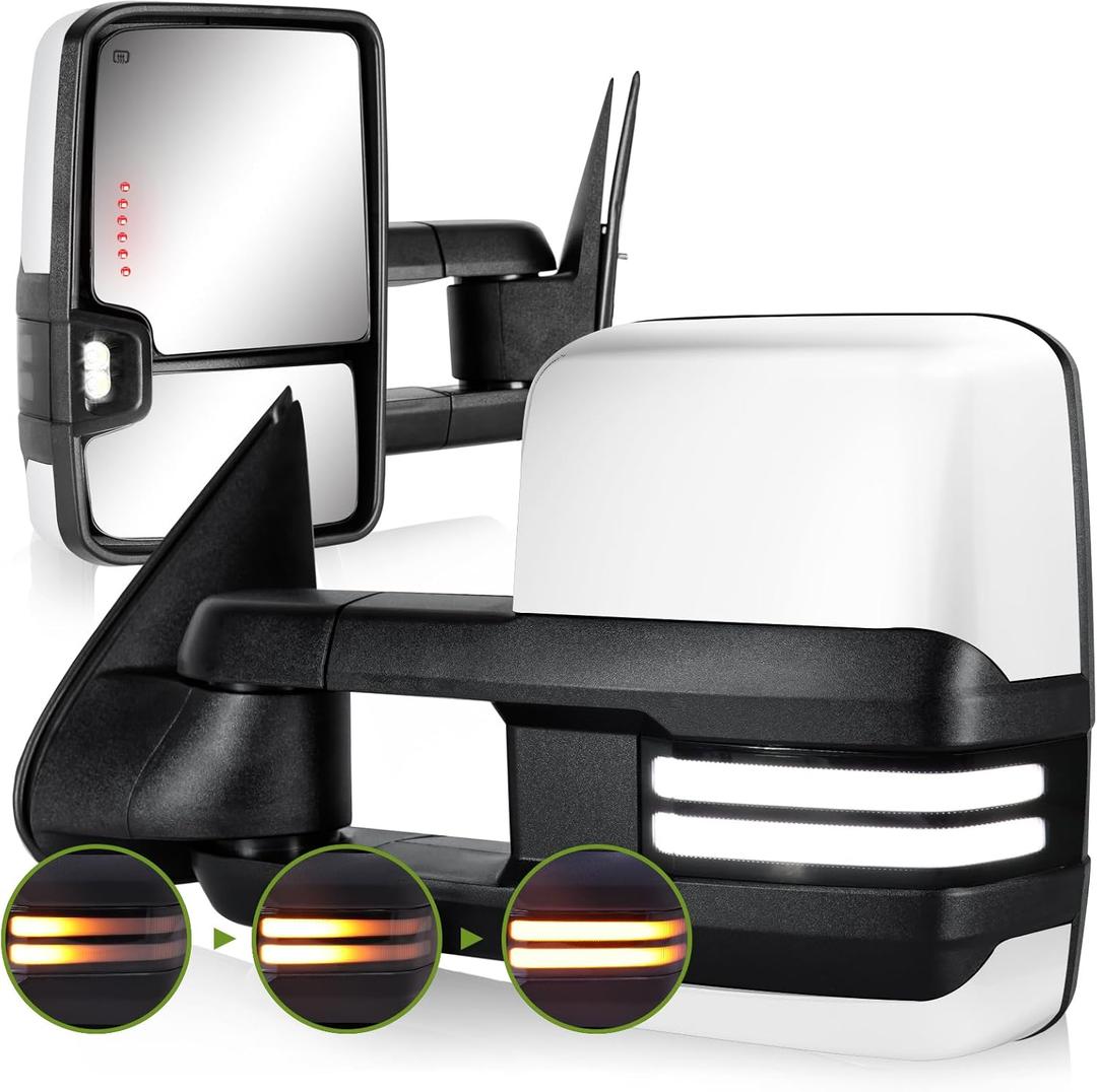 Switchback Towing Mirrors for 2003-2007 Chevy Silverado GMC Sierra Side Mirror with Dynamic Turn Signal Running Light Backup Lamp Power Heated Extendable Pair Set (Paint White) (White)