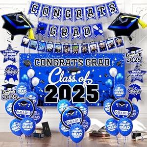 Graduation Decorations Class Of 2025, Graduation Backdrop Sign, Congrats Grad Banner, Hanging Swirls, Blue Grad Balloons For Men Women Graduation Party Decorations (Blue)