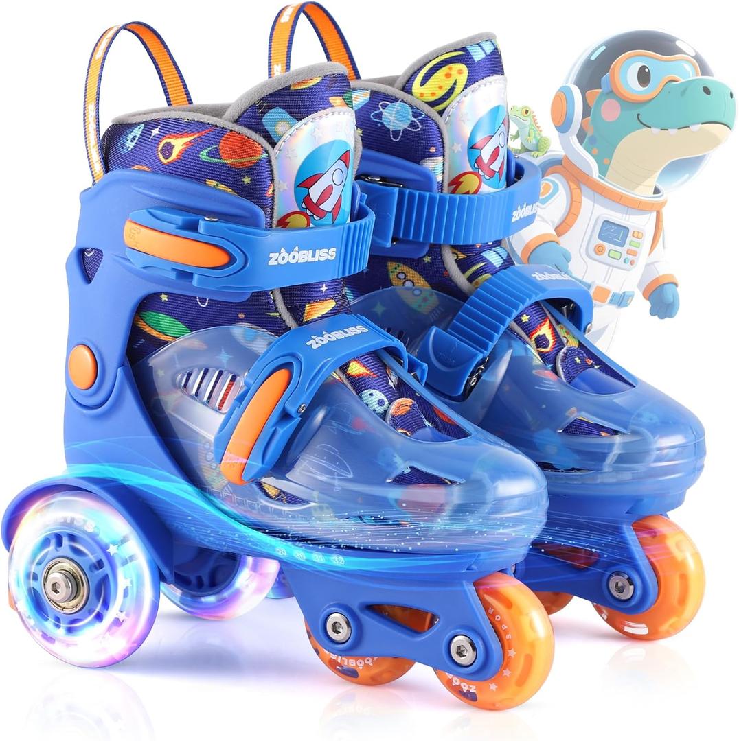 Kids Roller Skates for Beginners - ZOOBLISS Toddler Roller Skates for Boys and Girls Ages 3-7 with Light-Up Wheels & 4 Adjustable Sizes, Tri-Wheel Training Skates for Kids (S-Small(11C-1Y US), Cosmic Blue)