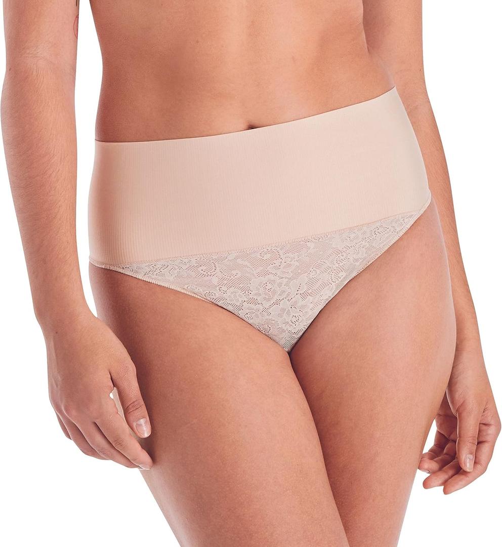 Maidenform womens Tame Your Tummy Lace Thong Panties, Firm Control Shapewear Thong, Cool Comfort (Small, Transparent/Nude Lace)