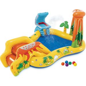 Intex Inflatable Dinosaur Play Center Outdoor Playhouse Inflatable Water Park with Kid Pool Slide, Water Sprayer, Waterfall, and 6 Balls, Multicolor