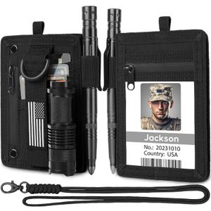 LIUGX Tactical ID Card Holder, 900D Nylon, Hook & Loop Patch Badge Holder, Waterproof Zipper Pocket, Neck Lanyard Key Ring and Credit Card Organizer, RFID Blocking