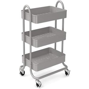 KoolerThings 3-Tier Rolling Metal Storage Organizer - Mobile Utility Rolling Storage Cart, Kitchen Cart with Caster Wheels (Grey)