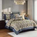 Bedduvit Luxury 7 Piece King Comforter Set - Vintage Damask Jacquard Design Bed in Bag King, All Season Navy Blue and Gold Down Alternative Thick Bedding Set with Bed Skirt, Decorative Pillows, Shams