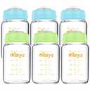 Matyz Glass Breastmilk Storage Bottles, 6 Pack, 6 oz, Sturdy Glass Bottle for Milk Freezing and Baby Feeding - Pumping Bottle for Philips Medela Spectra Breast Pumps - No BPA (3 Green & 3 Blue Lids)