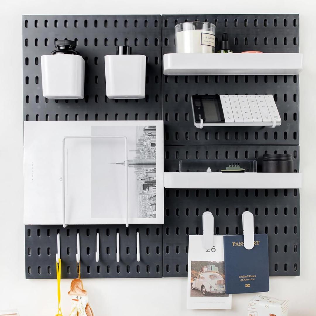 Pegboard Combination Kit for Wall Organizer, Wall Mounted Peg Board Kits for Kitchen, Bedroom, Office, &Bathroom, 4 Pieces Black Pegboards and 14 Accessories, 22" x 22"