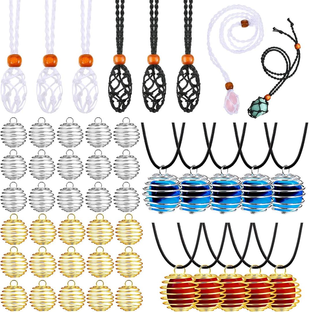 Shappy 46 Pcs Necklace Cord Empty Stone Holder Spiral Bead Cages Pendant Adjustable Necklace Crystal Holder Rock Jewelry Crystal Cage Pendant Gold Silver Spiral Gemstone for Jewelry Making DIY Craft