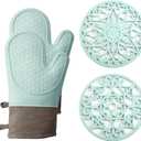 Oven Mitts and Pot Holders Sets, Silicone Heat Resistant 600F, Soft Lining Good Grip, Oven Gloves and Trivet Mats 4 Piece Set, Aqua Sky