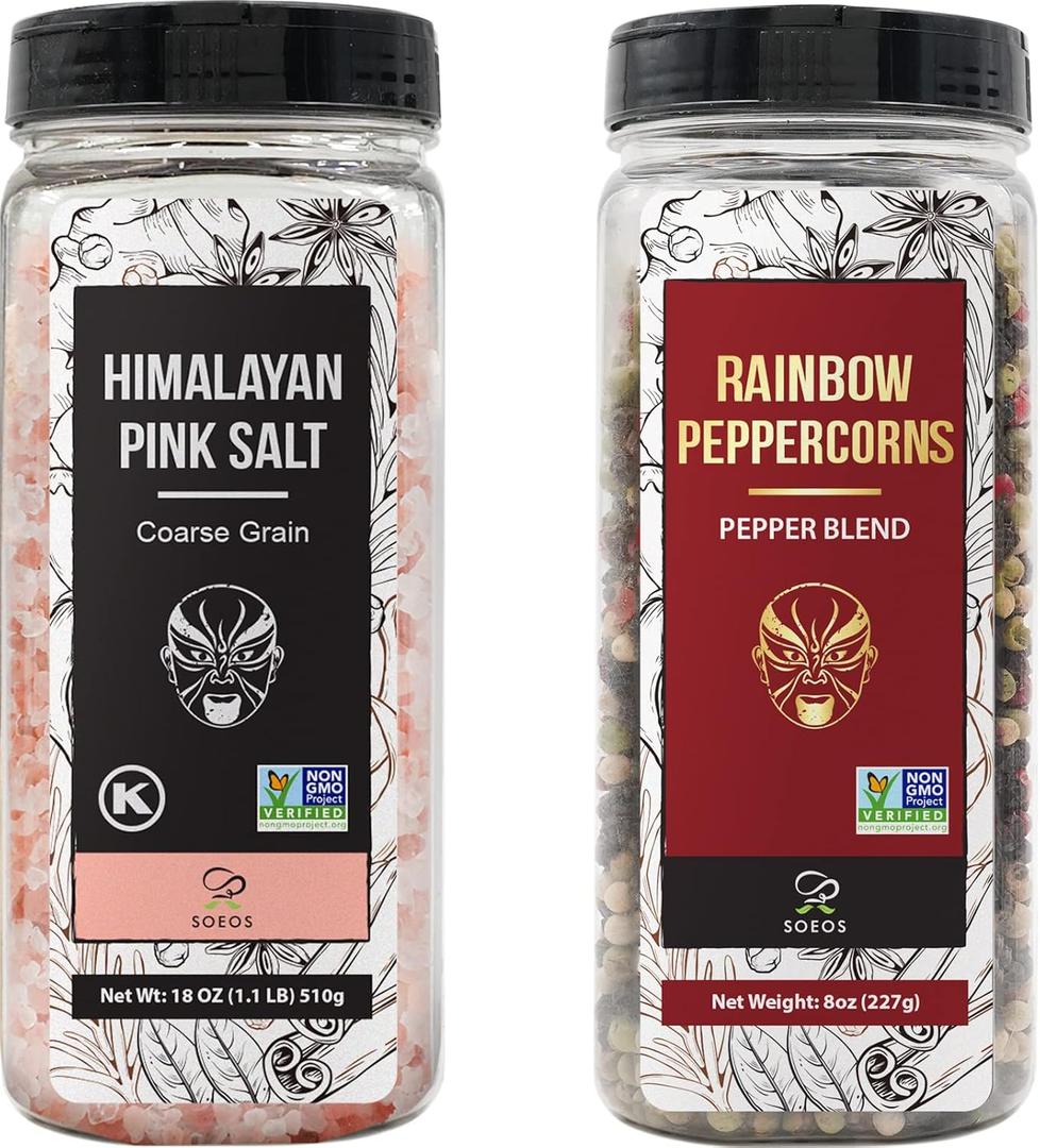 Soeos Himalayan Pink Salt and Rainbow Peppercorn Grinder Refills, 18oz Salt & 8oz Peppercorns, Kosher Seasoning Set for Cooking (13 Ounce (Pack of 2))
