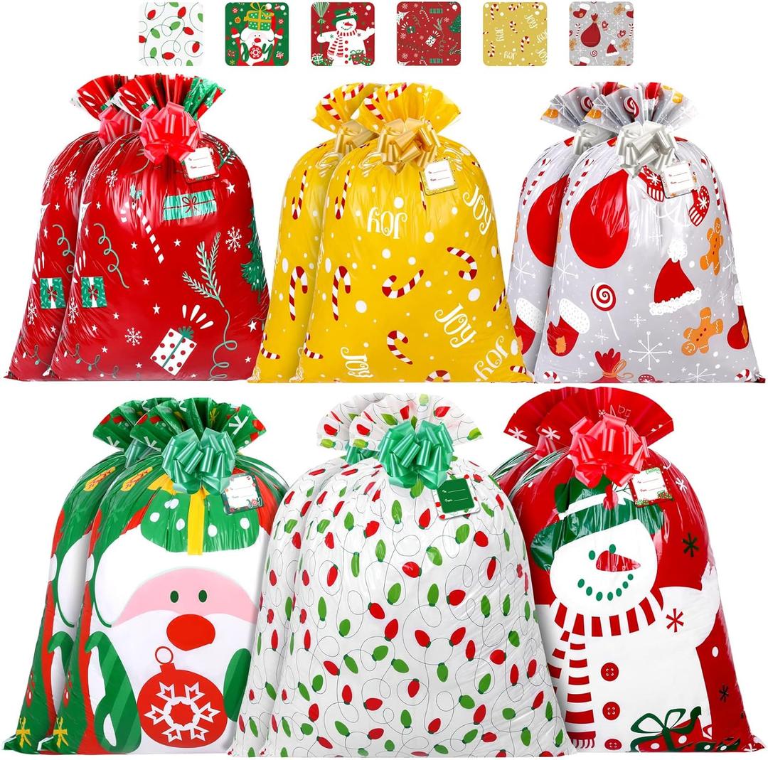 Aneco 12 Pieces Large Gift Bags Christmas Oversize Plastic Storage Bag with Tag and Pull Bows Giant Holiday Goody Gift Bags for Party Favor Supplies