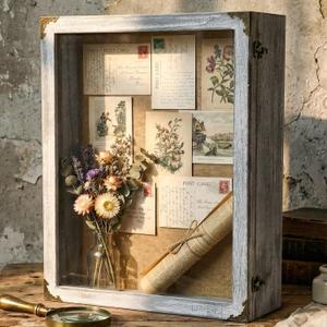 Cinnvoice 16x20 Inch Shadow Box Depth 4.7in Shadow Boxes Display Cases with Cork Board Backing Rustic Burnt Wood Box for Flowers Bouquet Wedding Picture Photo and Keepsake(Grey)