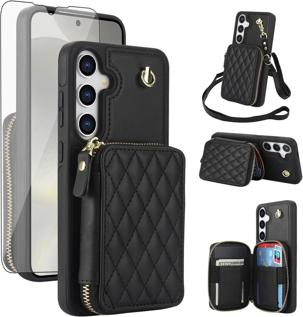 Phone Case for Samsung Galaxy S24 5G Wallet Cell Cover with Tempered Glass Screen Protector Wrist Crossbody Strap Lanyard Stand RFID Blocking Credit Card Holder S 24 24S G5 SM-S921U Women Girls Black