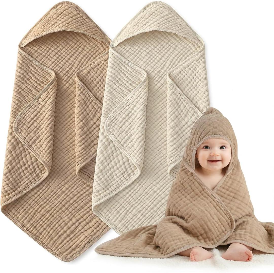 Hooded Baby Bath Towels for Newborn, 2 Pack - 6-Layer 100% Muslin Cotton, Soft Absorbent Baby Towels with Hood for Babies, Infants & Toddlers, Large 32x32 Inch Unisex Newborn Baby Bath Essentials (Beige & Apricot)