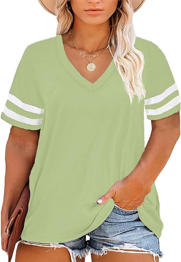 Happy Sailed Womens Plus Size Tunic Tops Summer Short Sleeve V Neck Striped Loose Casual Tee Shirt (3X)