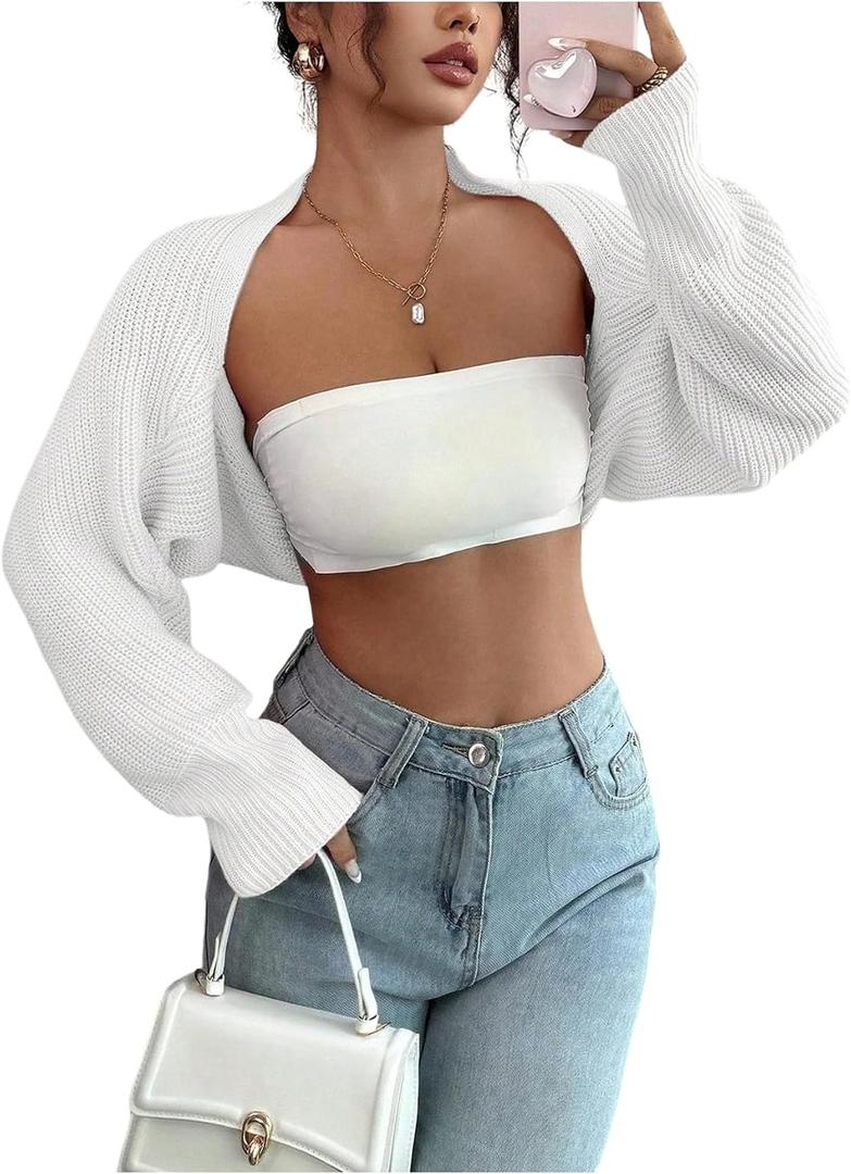 RoseSeek Women's Open Front Cropped Cardigan Bolero Shrug Knit Fall Sweater (White)
