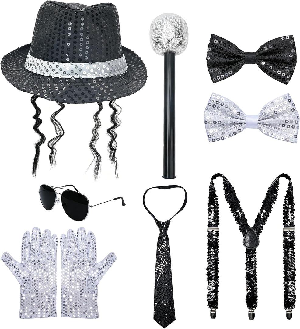 2 x Pop Star Costume Accessory Set, Sequin Fedora Hat with Curly Wig, Suspenders, Tie, Bow Ties, Gloves, Sunglasses, Microphone