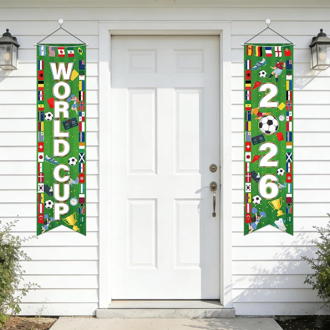 2 x Soccer 2026 Hanging Porch Banner Soccer Theme Vertical Hanging Sign, 2 Pack with International Flags for Porch Door Soccer Party, Sports Events, Bar, Street, Home Decorations 30cm x 117cm