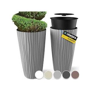 Mueller M-Resin Heavy Duty Tall Planter, Indoor/Outdoor Grande Plant, Tree, Flower Pot, 2-Piece Set, 24”, Modern Design, Built-in Drainage, Light Grey