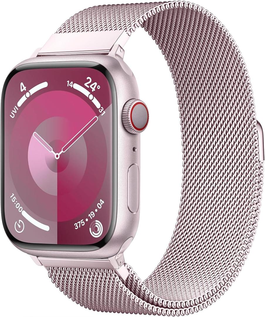 Original Stainless Steel Milanese Loop Compatible with Apple Watch Band 38mm 40mm 41mm 42mm 44mm 45mm 46mm 49mm, Magnetic Clasp Band for iWatch Series 11 10 9 8 7 6 5 4, SE 3 2 1 Ultra3 2, Women & Men (Pink)