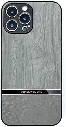 Luxury iPhone 13 Pro Max Case Wood with Leather Gray Cool Slim Wooden Shockproof Protective TPU Back Cover & Camera Protection Fashion Phone Case for Men & Women, Pack 3