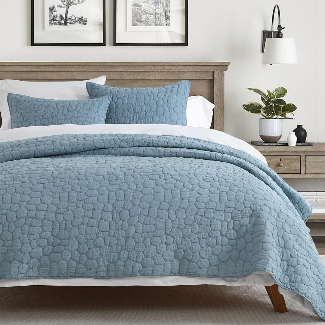 HORIMOTE HOME 100% Cotton Quilt Set King Size, Dusty Blue Pre-Washed Bedspreads Coverlet Set with Cobblestone Pattern, Cozy Lightweight Stitching Decorative Bedding Cover for All Seasons