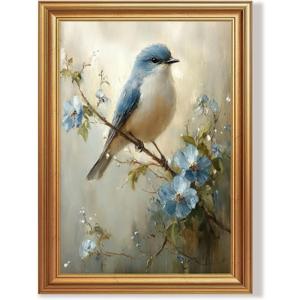 Wojuin Framed Vintage Blue Bird Floral on Branch Canvas Wall Art 16x24 inch | Gold frame, UV-resistant ink, Gicle printing process, Pre-installed hooks make it easy to hang home or office wall decor