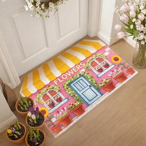 Tinideya Spring Doormat Flower Shop Welcome Door Mat 27.6 x 15.7 Inch Cute Floral Cottage Mat with Sunflower Windows Artificial Coir Non Slip Entrance Rugs for Home Indoor Outdoor Front Bathroom Decor