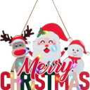 Merry Christmas Front Door Hanging Sign with Light Christmas Decorations Santa Reindeer & Snowman Indoor & Outdoor Holiday Xmas Wall Decor for Garage Home Office