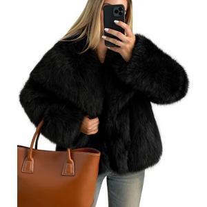 ZESICA Women's Winter Faux Fur Coats Fluffy Jacket 2026 Trendy Long Sleeve Lapel Shaggy Warm Outerwear with Pockets (Black) Small