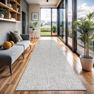 CAMILSON Indoor and Outdoor Runner Rug Gray Solid Boho Woven Design Easy-Cleaning Non Shedding Farmhouse Living Room Bedroom Garden Patio and Kitchen Washable Outside Carpet Alfombras (2x7)