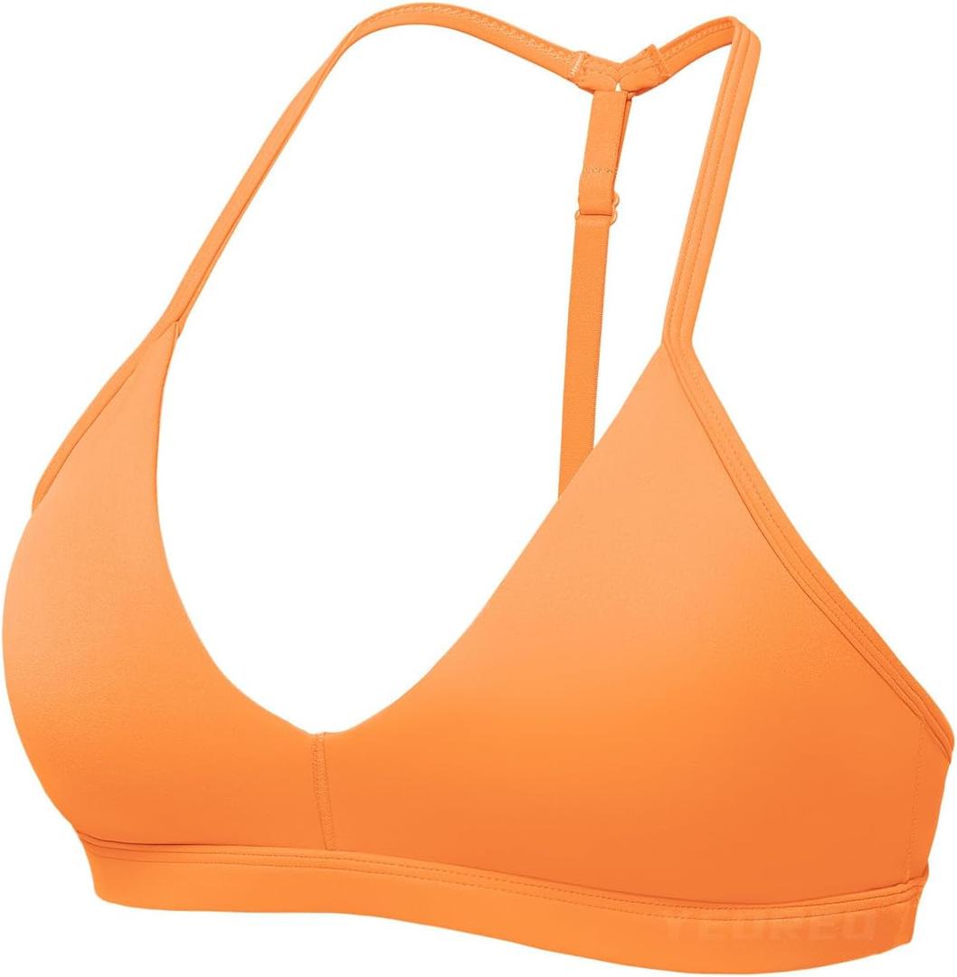 YEOREO Sports Bras for Women Strappy Padded Halter Ericie Open Back Light Impact Deep V Neck Yoga Workout Gym Tops (Orange, S)