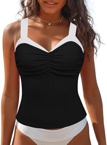 GRAPENT Tankini Tops for Women Colorblock Ruched Swimsuits Beach Padded Adjustable Straps Modest Swimwear Swim Tops Only, XL