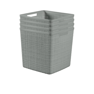 Curver Set of 4 Jute Large Cube Decorative Plastic Organization and Storage Baskets, Perfect Bins for Home Office, Closet Shelves, Kitchen Pantry and All Bedroom Essentials, Grey