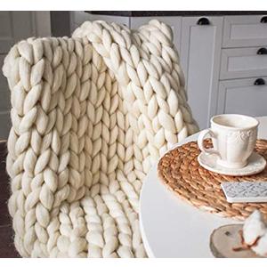 MLMGUO Chunky Knit Blanket Hand Made Merino Wool Throw Boho Bedroom Sofa Home Decor Giant Yarn(Ivory White 40"x60")