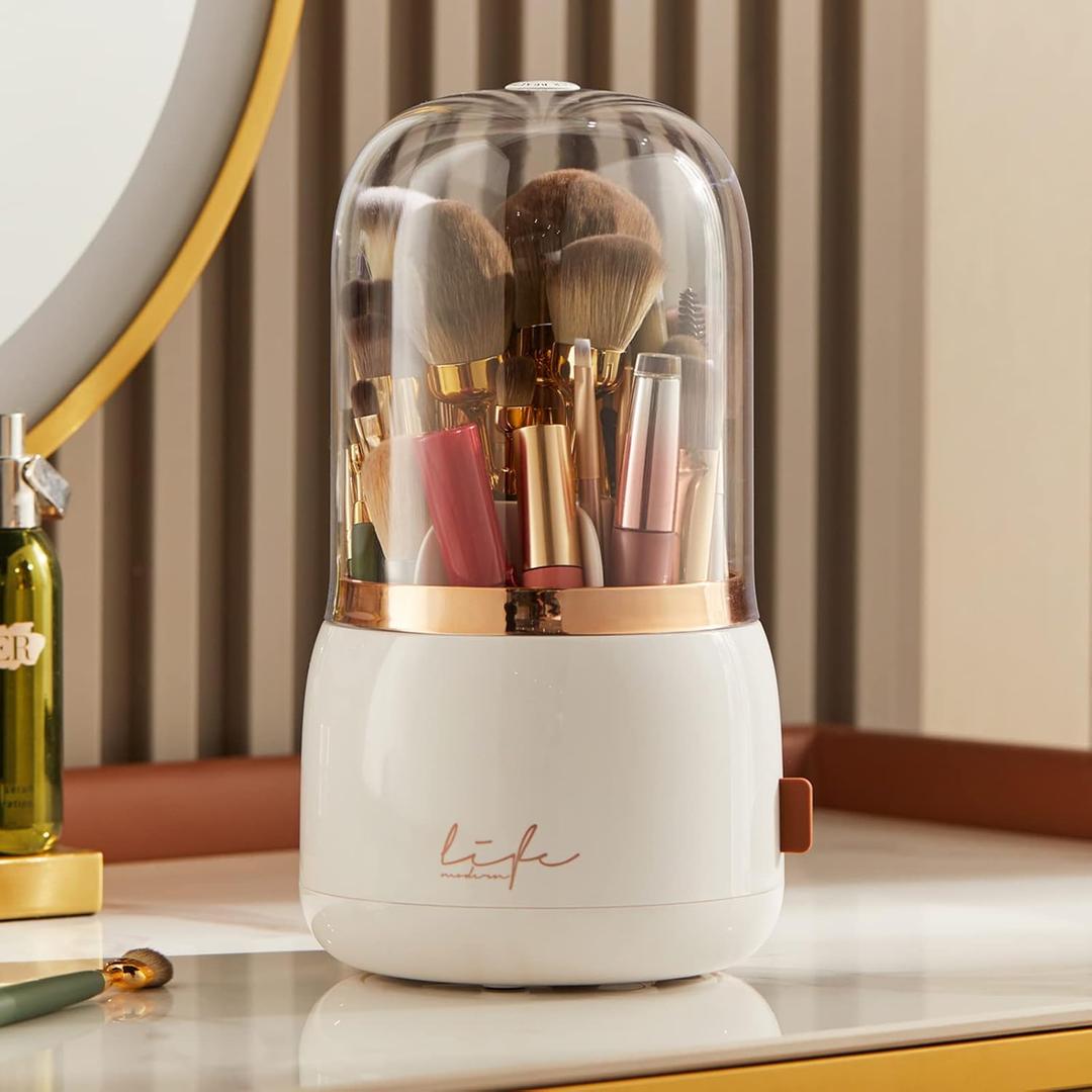 Makeup Brush Holder Organizer with Lid, Rotating Dustproof Make Up Brushes Organizer with Clear Acrylic Cover for Vanity Desktop Bathroom Countertop (white)