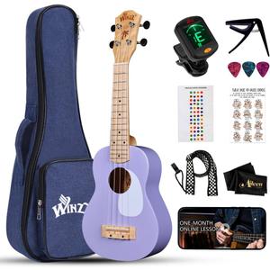 WINZZ Soprano Ukulele for Beginners, 21 Inch Hawaiian Wood Ukelele Kit for Kids Adult Student Starter, Professional Uke Pack Bundle w/Free Lessons, Case, Pickguard, Capo, Strap, Picks, Purple