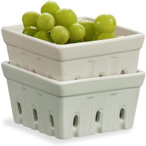 ONEMORE Ceramic Berry Basket, Square Fruit Bowls, Rustic Stoneware Berry Colander Set of 2, 5.7 inch, Gray & Light Green