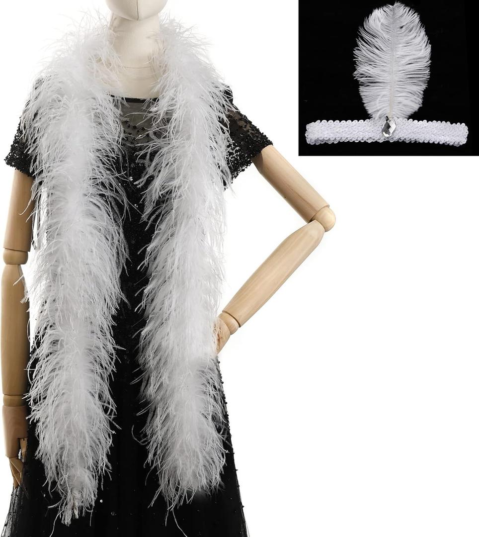 Soarer White Ostrich Feather Boas  2yards 3ply Long Boas for Party, DIY Production, Clothing Decoration (White)