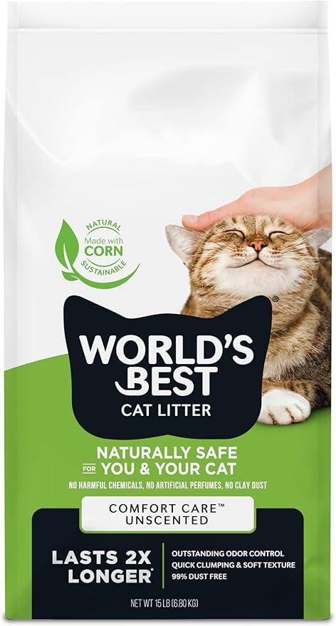 WORLD'S BEST CAT LITTER Comfort Care Unscented 15-Pounds - Natural Ingredients, Quick Clumping, Flushable, 99% Dust Free & Made in USA - Long-Lasting Odor Control & Easy Scooping