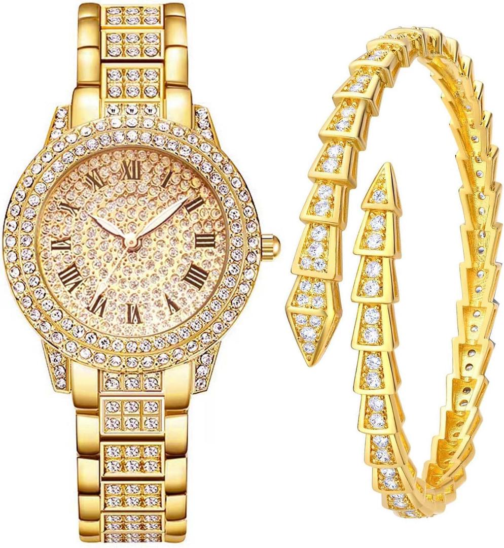 Watch for Women Interior Full Diamond Bling Rhinestone Iced Out Quartz Crystal Stainless Steel Ladies Wrist Watch (Aa. Gold)