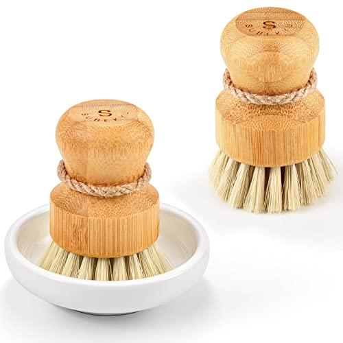 SUBEKYU Bamboo Dish Scrub Brushes, Kitchen Wooden Cleaning Scrubbers Set for Washing Cast Iron Pan/Pot, Natural Sisal Bristles, Set of 2