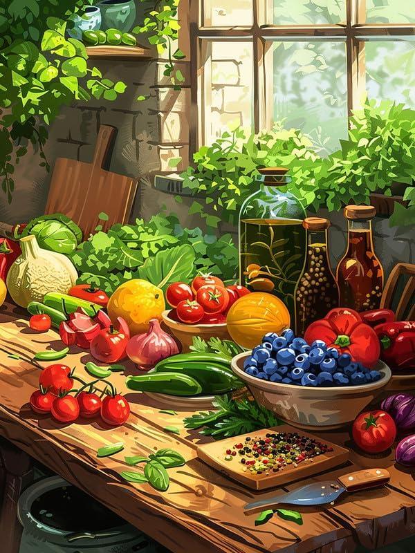Zariocy 5D Diamond Art Kits for Adults Fruit and Vegetable, DIY Diamond Painting Art Round Full Drill Crystal Diamond Embroidery Paintings Arts Craft for Home Office Wall Decor 12x16 inch